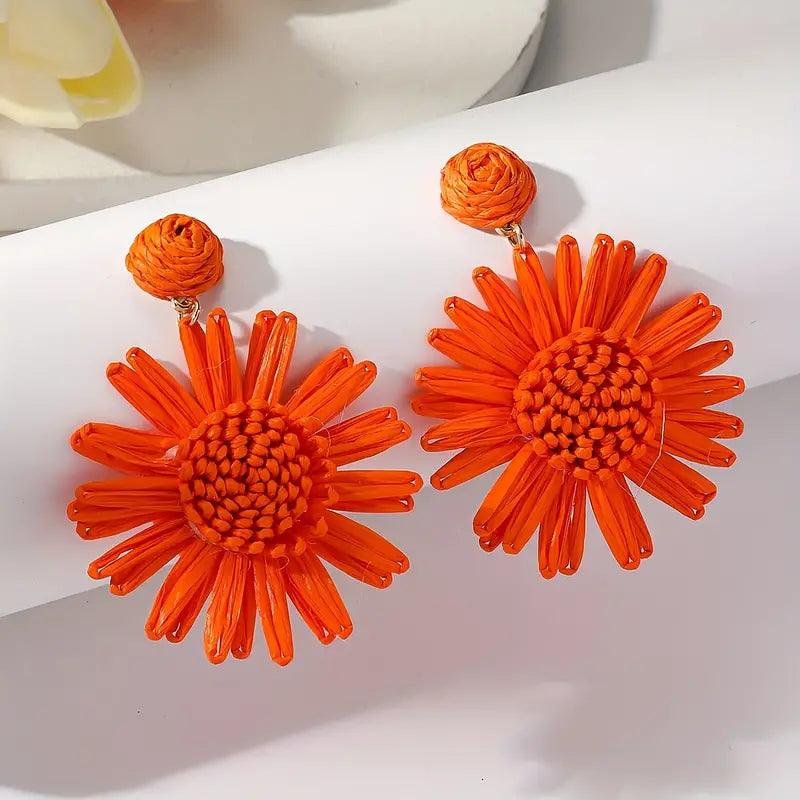 Hand-woven Raffia Sun Flower Dangle Earrings